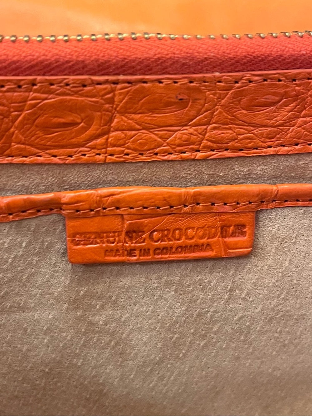 Nancy Gonzalez Genuine Caiman Crocodile Shoulder Bag Orange Exotic Leather — corner piping and leather edge detail