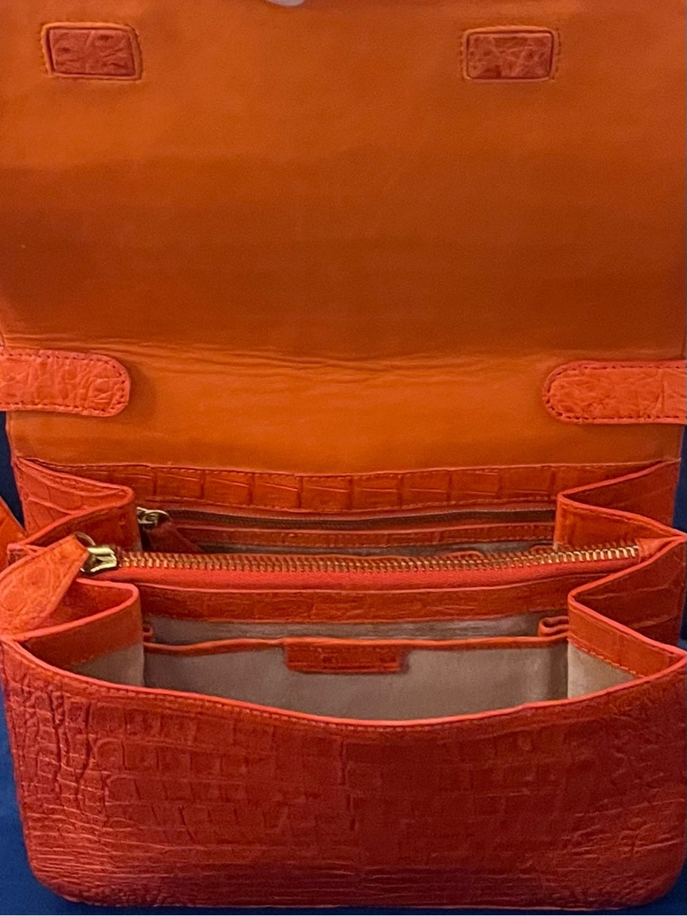 Nancy Gonzalez Genuine Caiman Crocodile Shoulder Bag Orange Exotic Leather — top handle and shoulder strap attachment