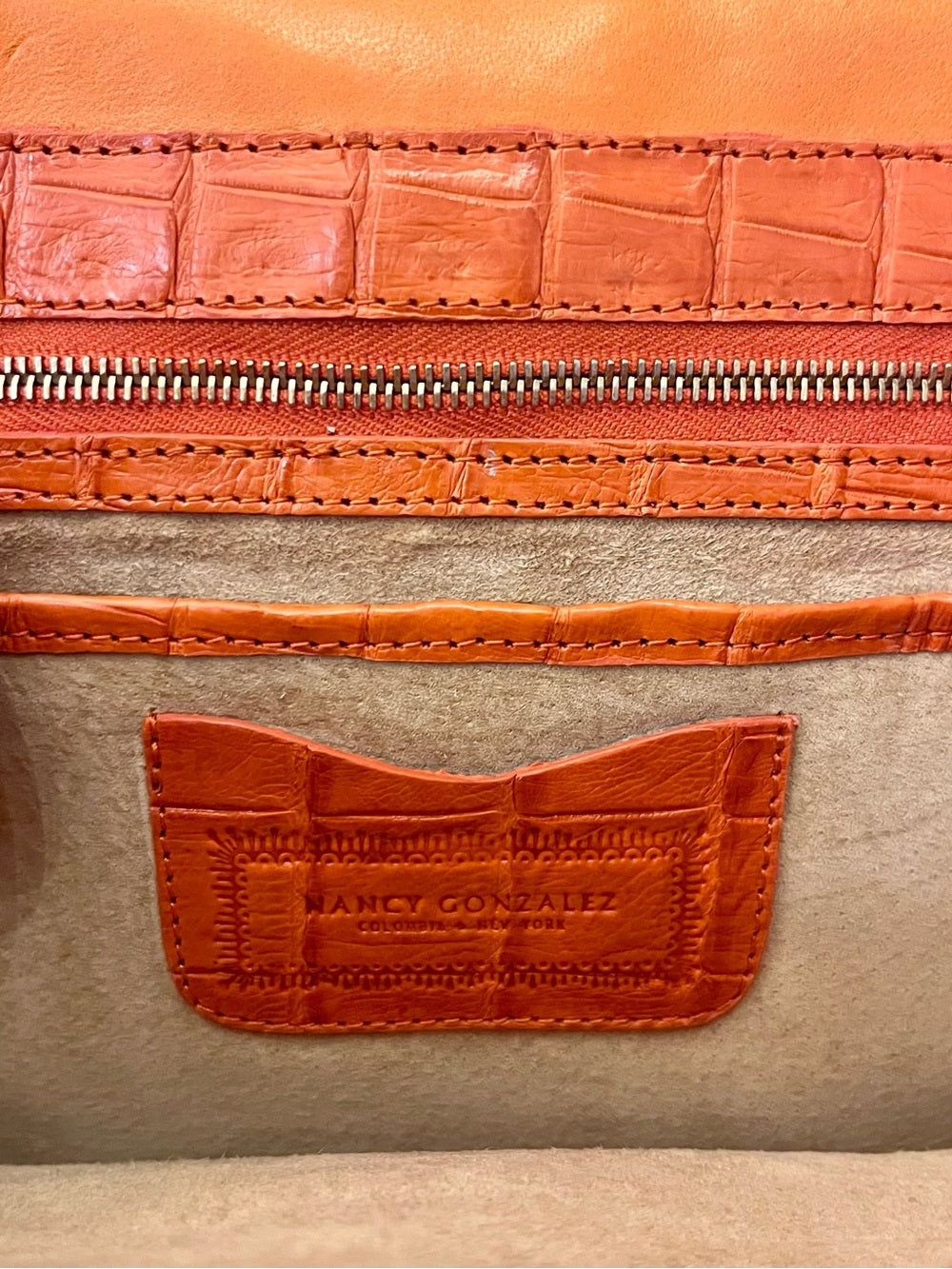 Nancy Gonzalez Genuine Caiman Crocodile Shoulder Bag Orange Exotic Leather — luxury handbag proportions and shape