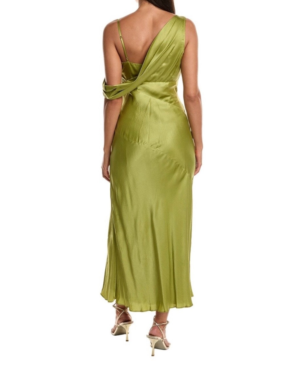 Nicholas Finley Olive / Moss / Pea Green Draped Asymmetrical Slip Midi Dress — neckline bodice and shoulder detail