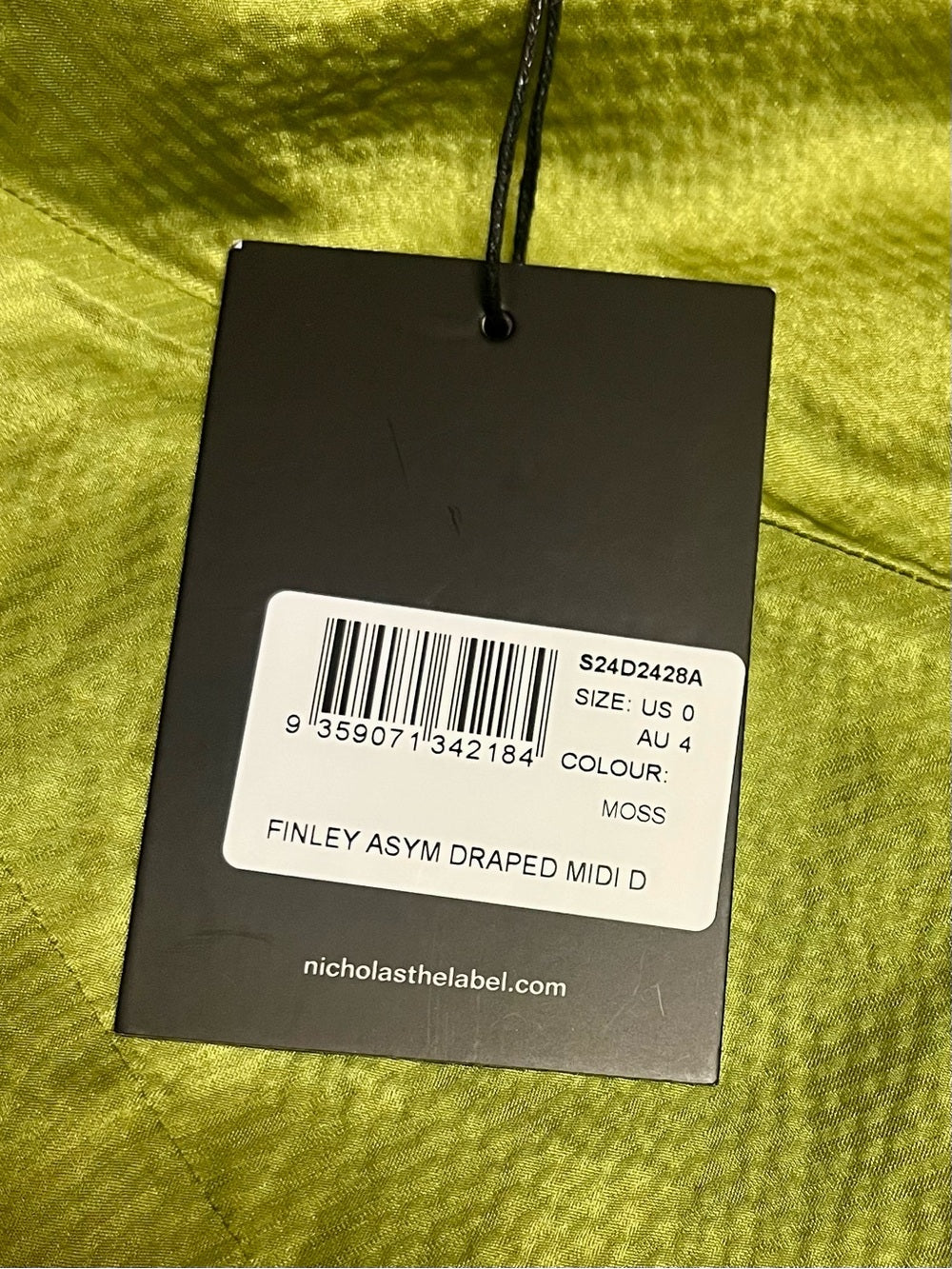 Nicholas Finley Olive / Moss / Pea Green Draped Asymmetrical Slip Midi Dress — garment side drape and proportions
