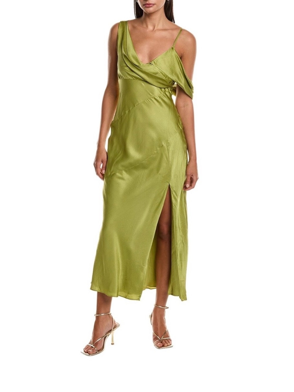 Nicholas Finley Olive / Moss / Pea Green Draped Asymmetrical Slip Midi Dress — fabric texture and material closeup