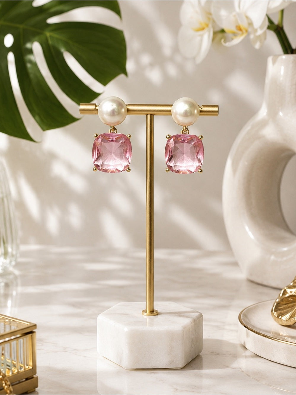 Pearl & Pink Crystal Drop Earrings Gold Tone Statement Romantic Luxe Earrings — statement jewelry crystal color combination