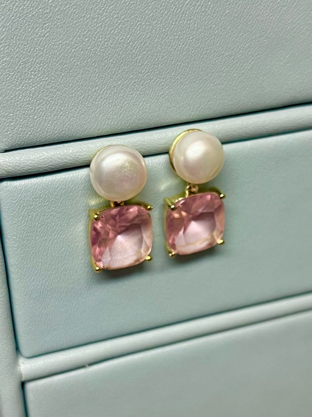 Pearl & Pink Crystal Drop Earrings Gold Tone Statement Romantic Luxe Earrings — jewelry back setting and fastening