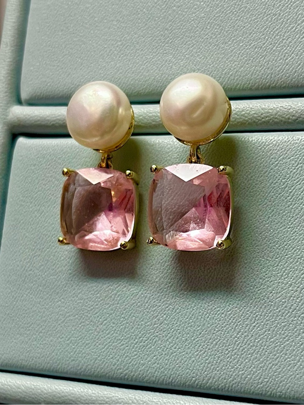 Pearl & Pink Crystal Drop Earrings Gold Tone Statement Romantic Luxe Earrings — gemstone cluster and metalwork detail