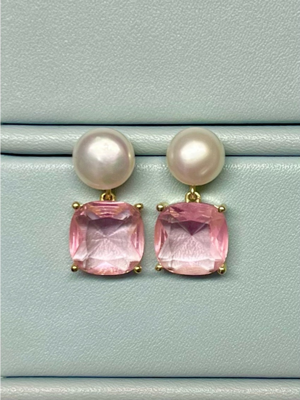 Pearl & Pink Crystal Drop Earrings Gold Tone Statement Romantic Luxe Earrings — designer jewelry sparkle closeup