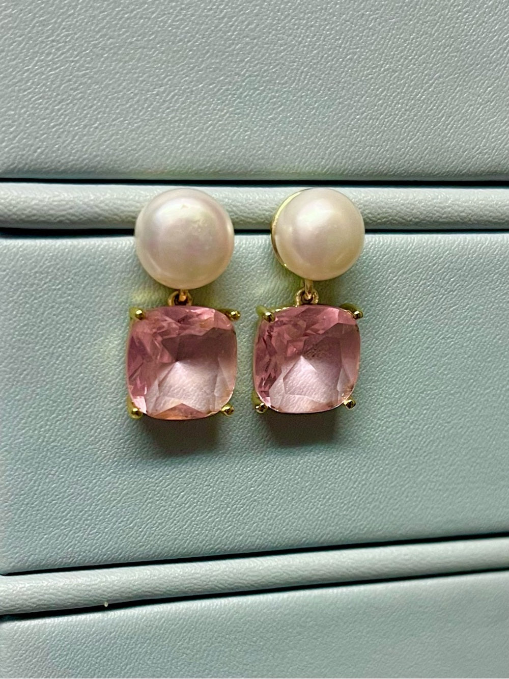 Pearl & Pink Crystal Drop Earrings Gold Tone Statement Romantic Luxe Earrings — statement accessory profile and scale