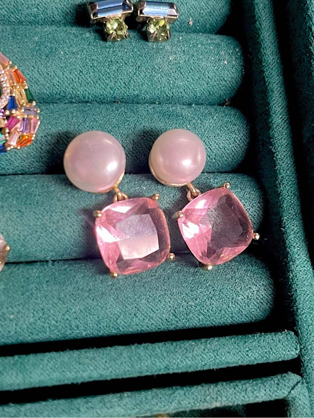 Pearl & Pink Crystal Drop Earrings Gold Tone Statement Romantic Luxe Earrings — multicolor crystal arrangement closeup