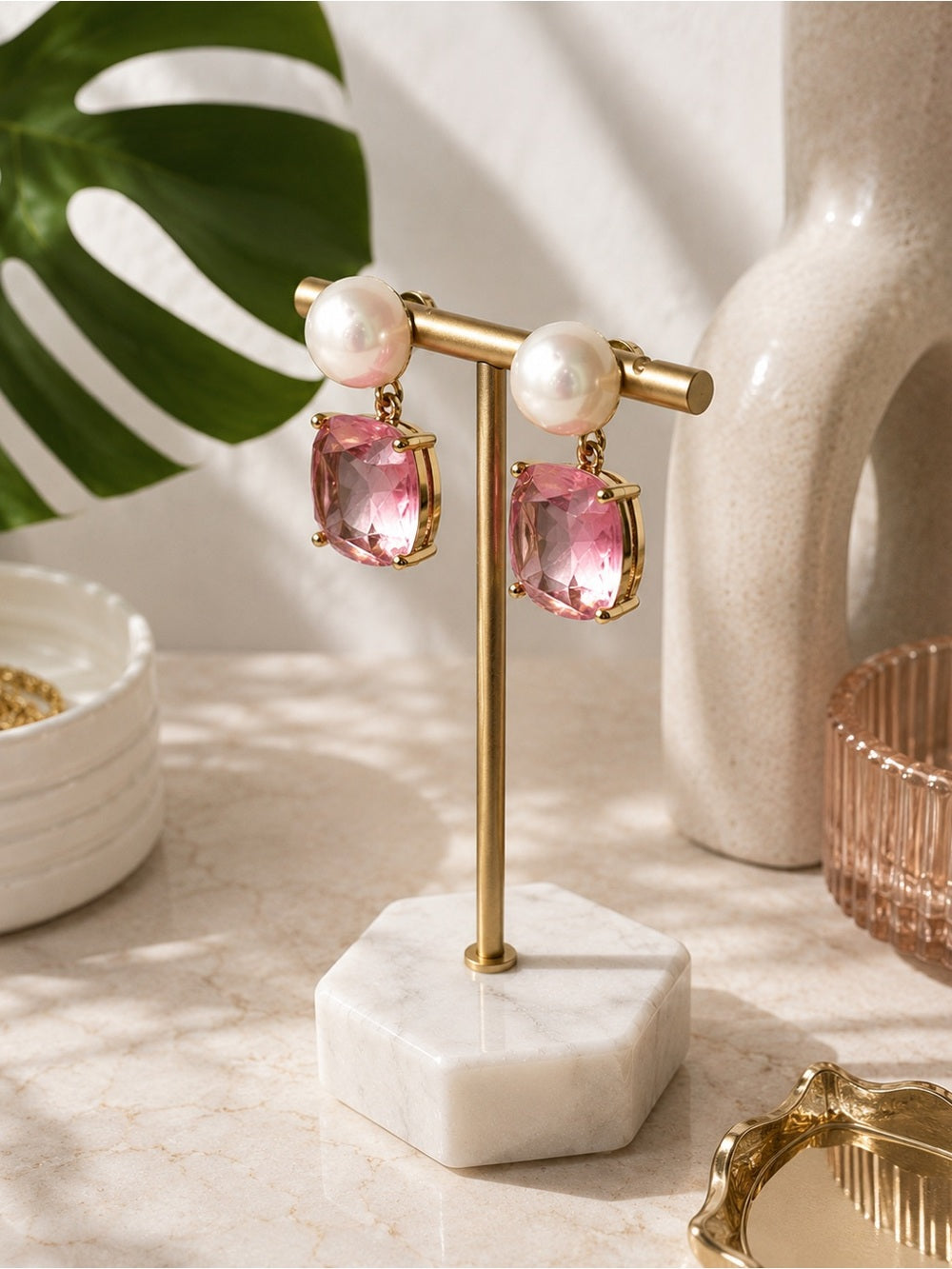 Pearl & Pink Crystal Drop Earrings Gold Tone Statement Romantic Luxe Earrings — faceted stones and gold tone setting