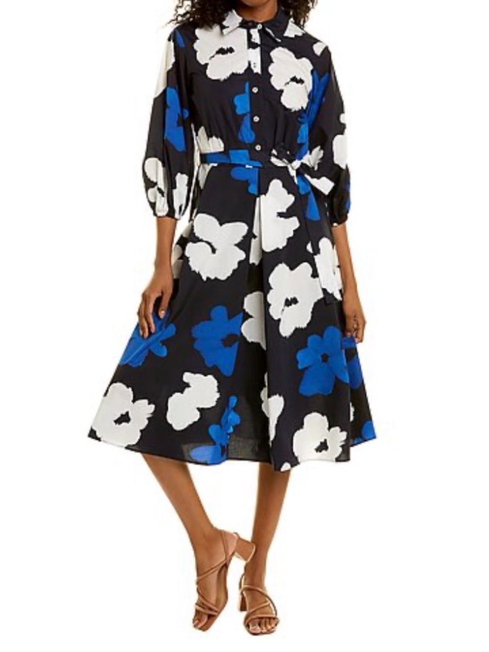 Piazza Sempione Floral Midi Shirtdress Black Blue & White — designer label and garment branding