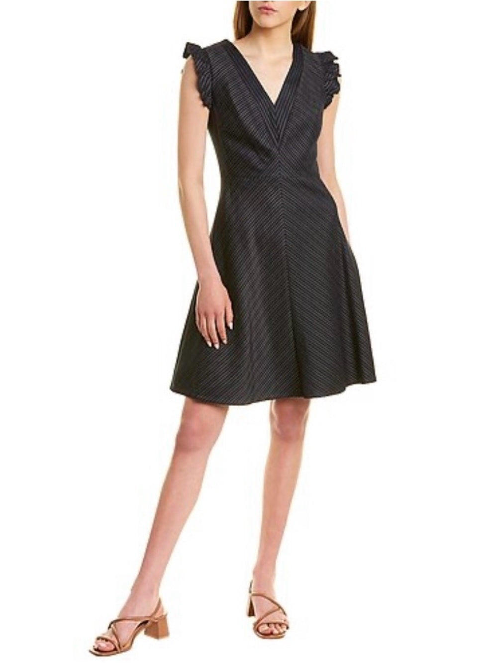 Rebecca Taylor Navy/Gold Striped Linen-Blend Mini Dress with Ruffle Cap Sleeves — embellishment embroidery or print closeup