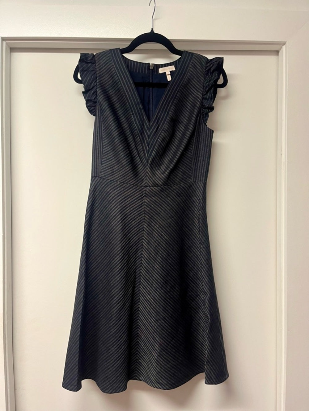 Rebecca Taylor Navy/Gold Striped Linen-Blend Mini Dress with Ruffle Cap Sleeves — fashion back design and construction