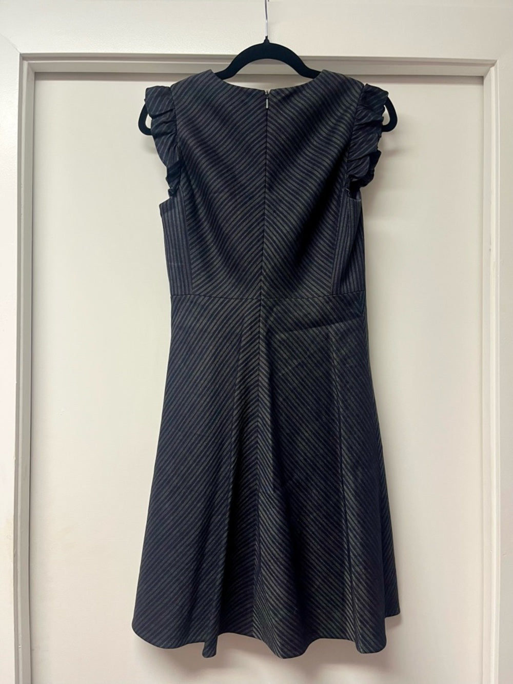 Rebecca Taylor Navy/Gold Striped Linen-Blend Mini Dress with Ruffle Cap Sleeves — neckline bodice and shoulder detail