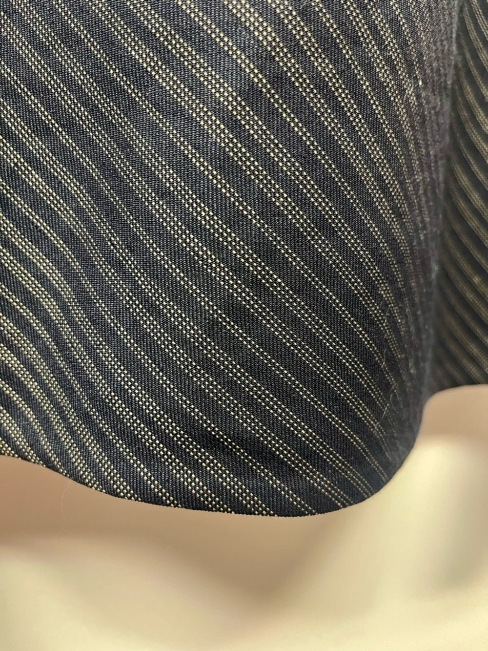 Rebecca Taylor Navy/Gold Striped Linen-Blend Mini Dress with Ruffle Cap Sleeves — fabric texture and material closeup