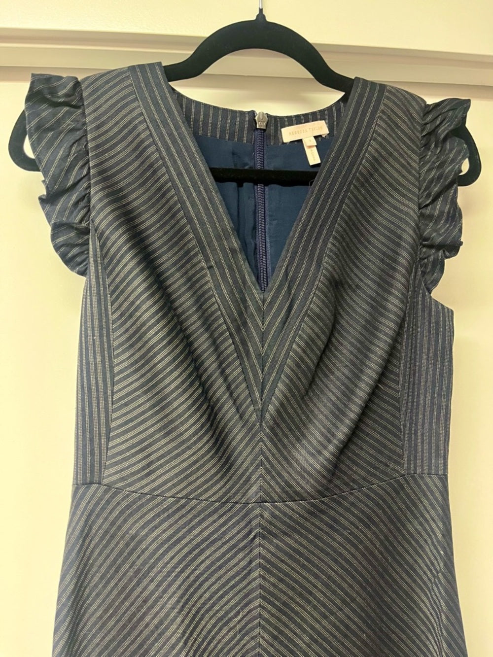 Rebecca Taylor Navy/Gold Striped Linen-Blend Mini Dress with Ruffle Cap Sleeves — garment side drape and proportions