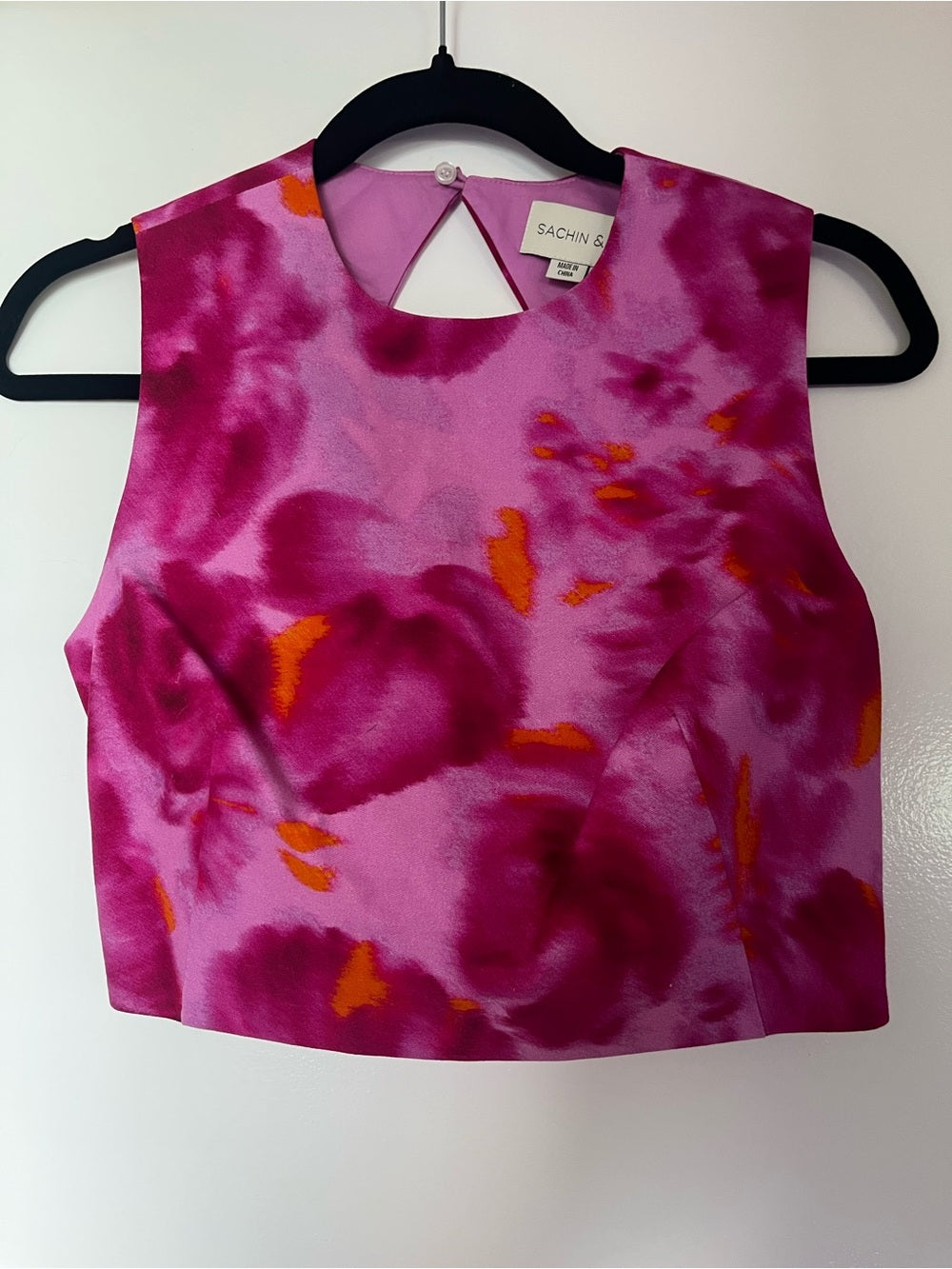 Sachin + Babi Pink and Magenta Tie-Dye Sleeveless Crop Top — construction and craftsmanship closeup