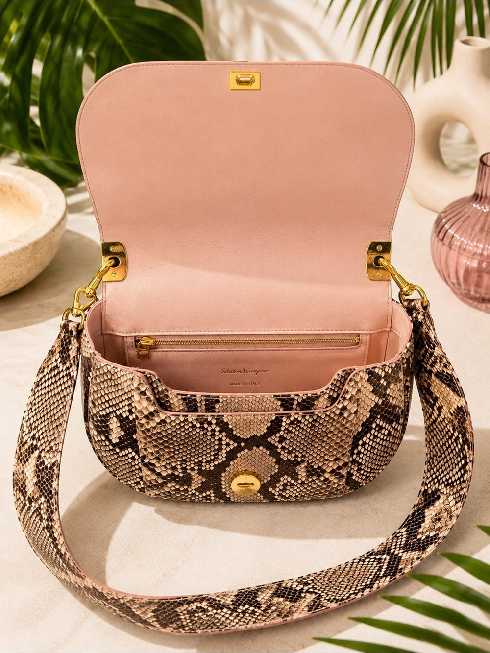 Salvatore Ferragamo “Anna” Genuine Python Saddle Bag Special Edition - Blush — luxury leather bag back panel construction