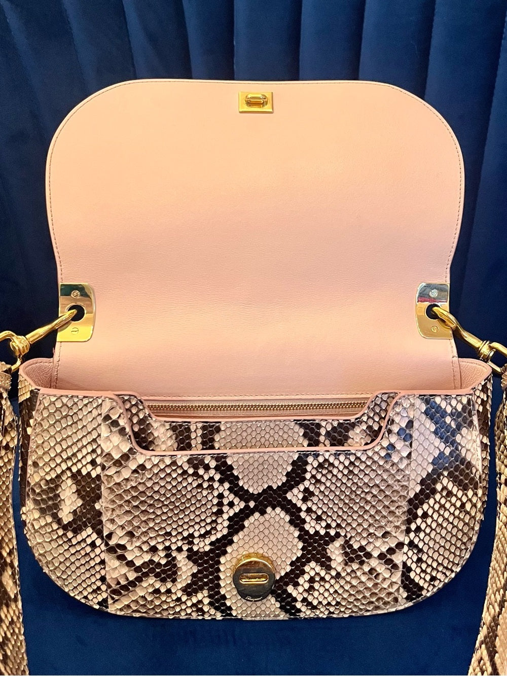 Salvatore Ferragamo “Anna” Genuine Python Saddle Bag Special Edition - Blush — corner piping and leather edge detail