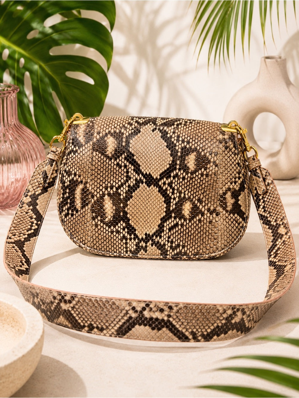 Salvatore Ferragamo “Anna” Genuine Python Saddle Bag Special Edition - Blush — structured purse profile and gusset