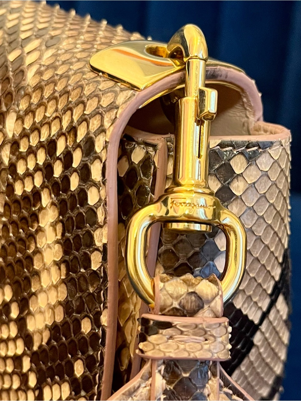 Salvatore Ferragamo “Anna” Genuine Python Saddle Bag Special Edition - Blush — bag closure fastening and edge finish