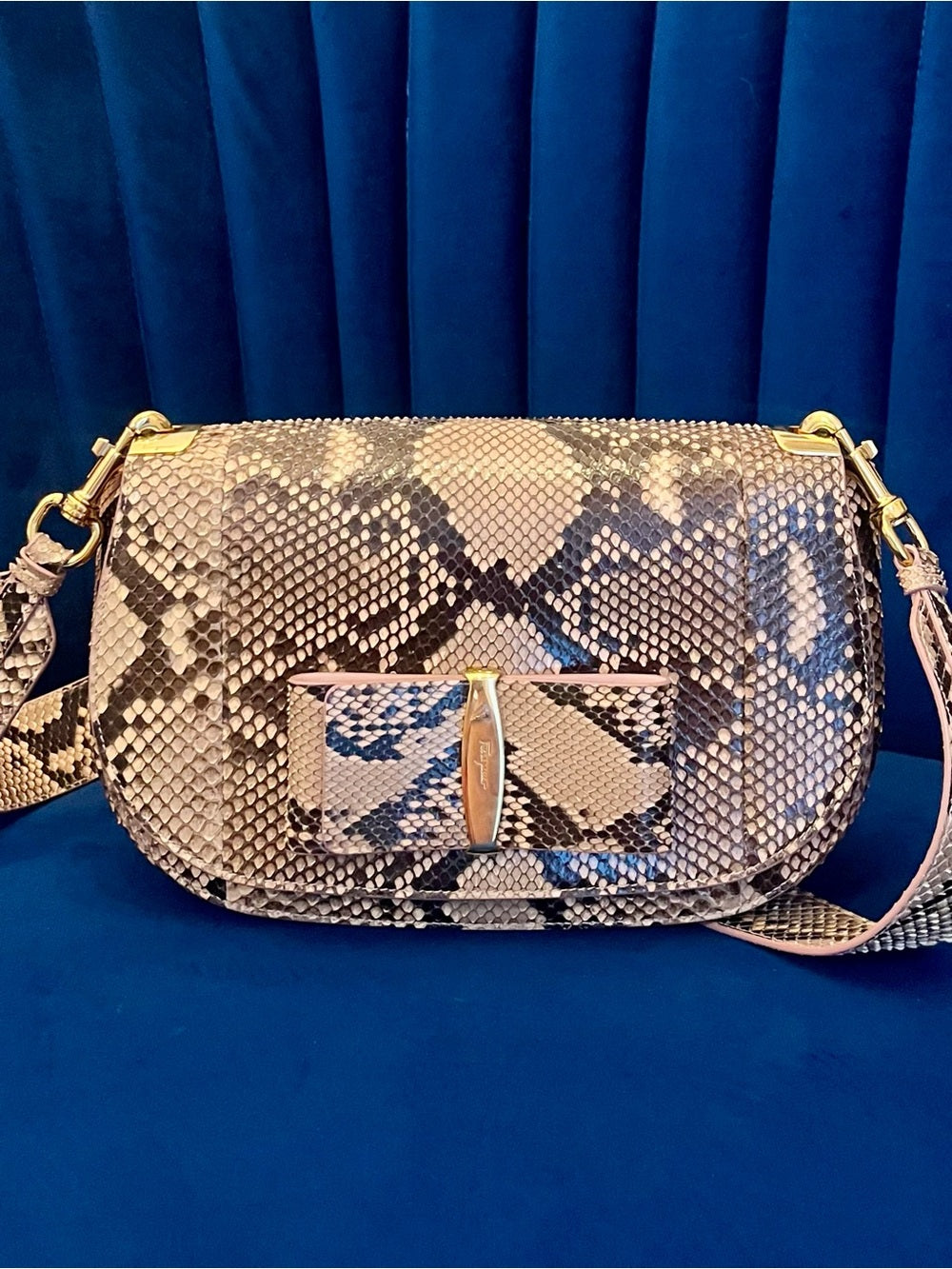 Salvatore Ferragamo “Anna” Genuine Python Saddle Bag Special Edition - Blush — collectible designer bag material closeup