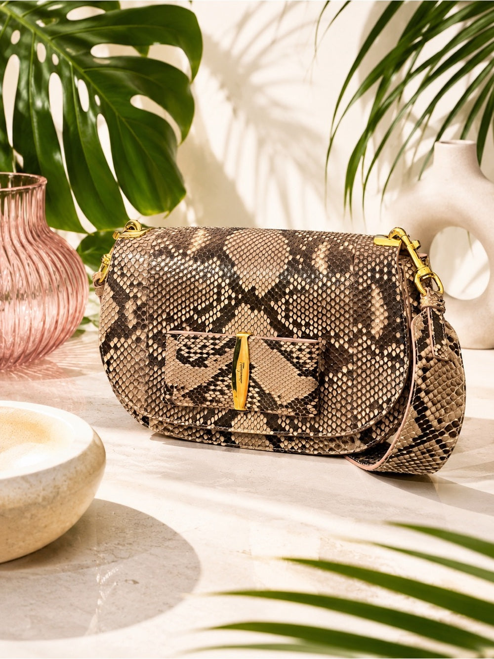 Salvatore Ferragamo “Anna” Genuine Python Saddle Bag Special Edition - Blush — designer exotic leather handbag silhouette