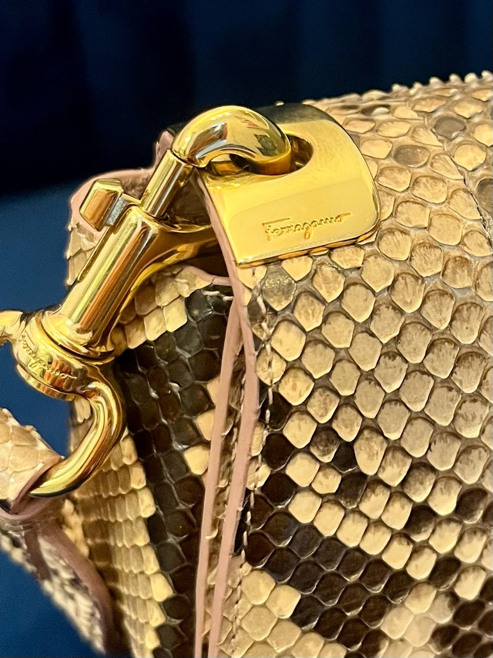 Salvatore Ferragamo “Anna” Genuine Python Saddle Bag Special Edition - Blush — signature designer hardware and metalwork