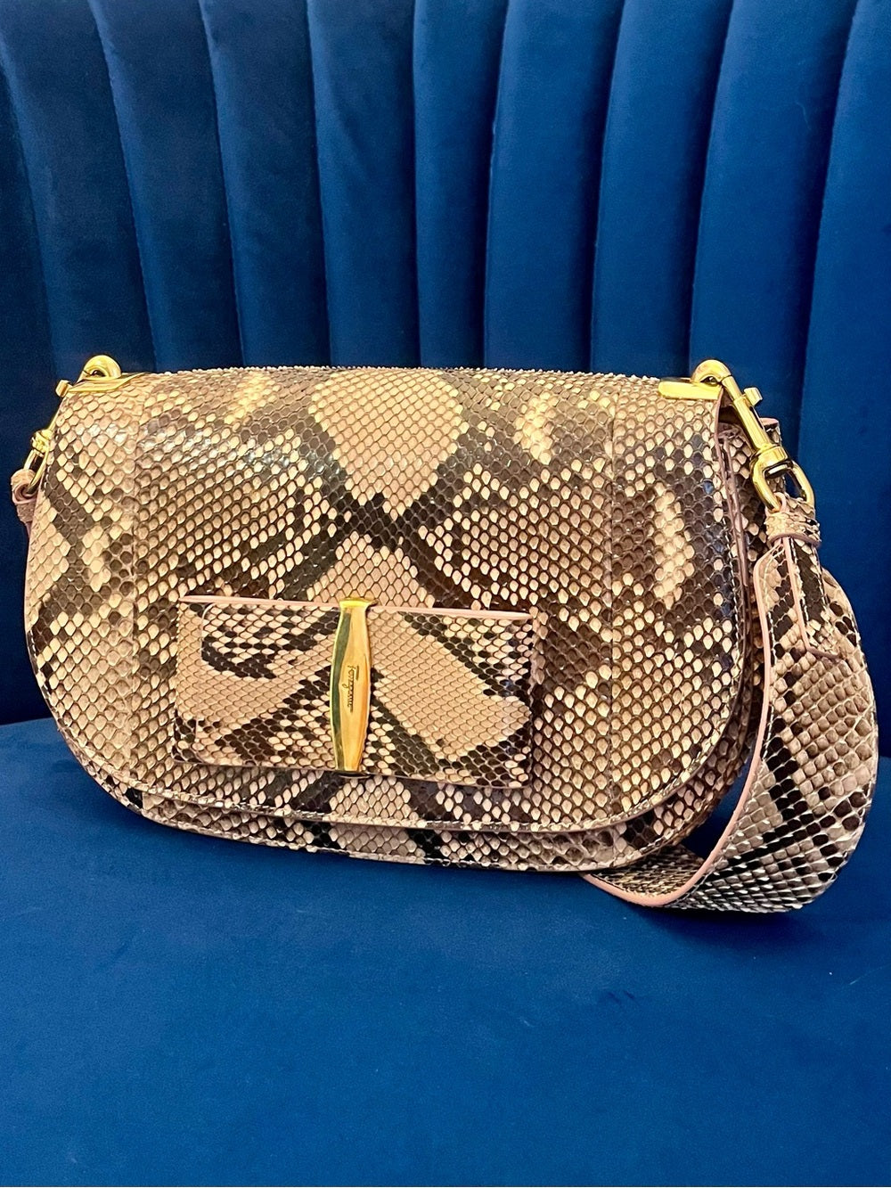 Salvatore Ferragamo “Anna” Genuine Python Saddle Bag Special Edition - Blush — handbag interior lining and storage