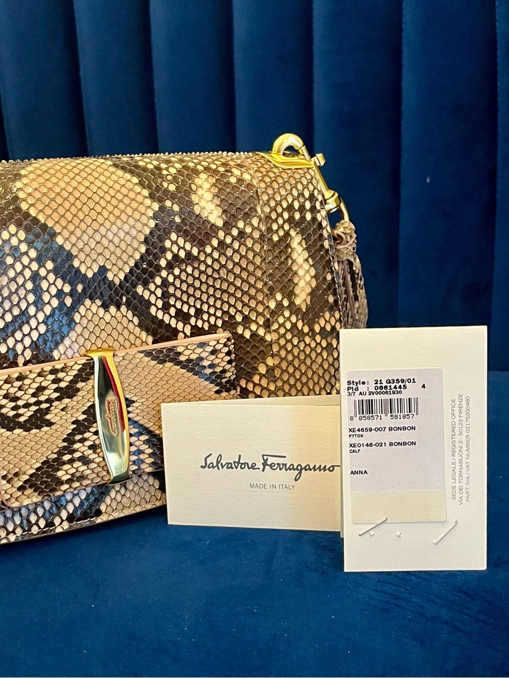 Salvatore Ferragamo “Anna” Genuine Python Saddle Bag Special Edition - Blush — interior pocket and designer label