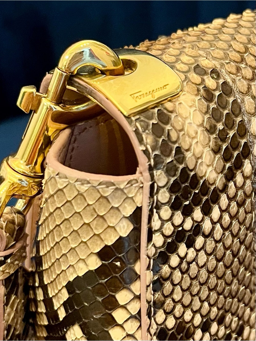 Salvatore Ferragamo “Anna” Genuine Python Saddle Bag Special Edition - Blush — top handle and shoulder strap attachment