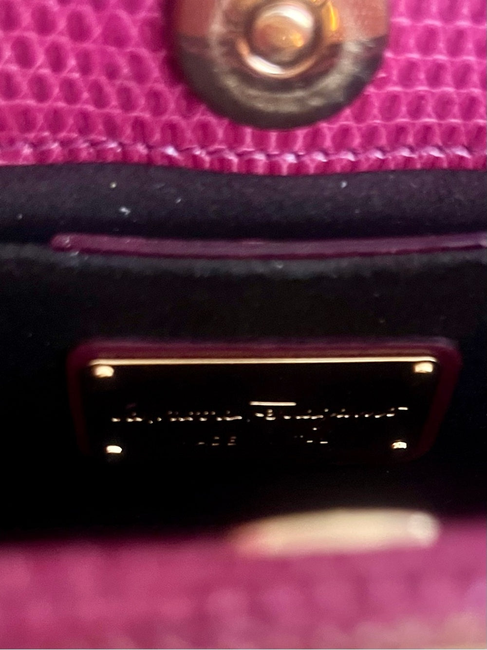 Salvatore Ferragamo Magenta Lizard Clutch, Gancini Hardware Exotic Evening Bag — corner piping and leather edge detail