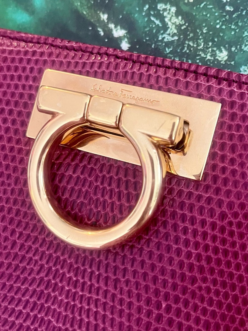 Salvatore Ferragamo Magenta Lizard Clutch, Gancini Hardware Exotic Evening Bag — signature designer hardware and metalwork