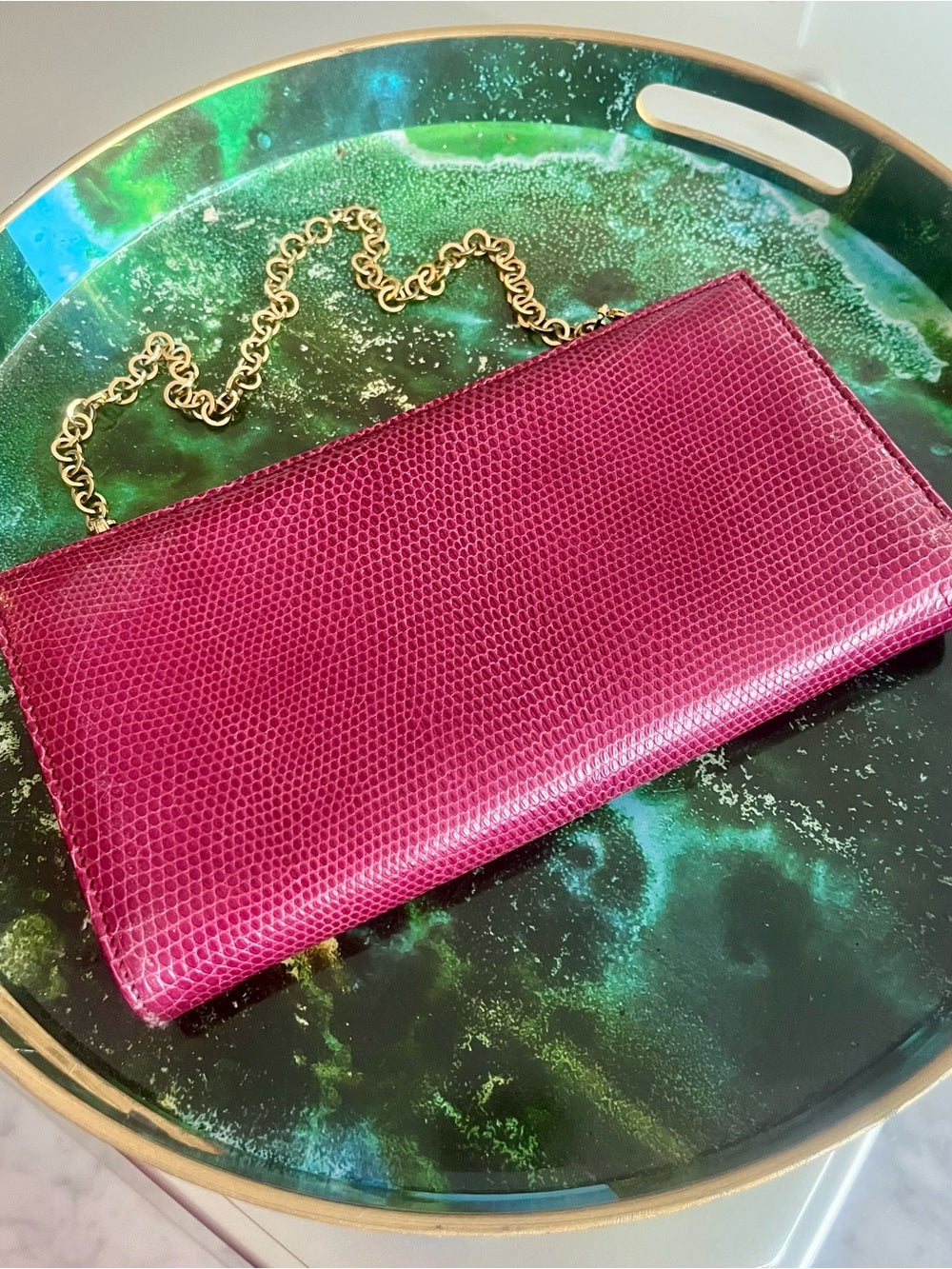 Salvatore Ferragamo Magenta Lizard Clutch, Gancini Hardware Exotic Evening Bag — natural leather grain and texture closeup