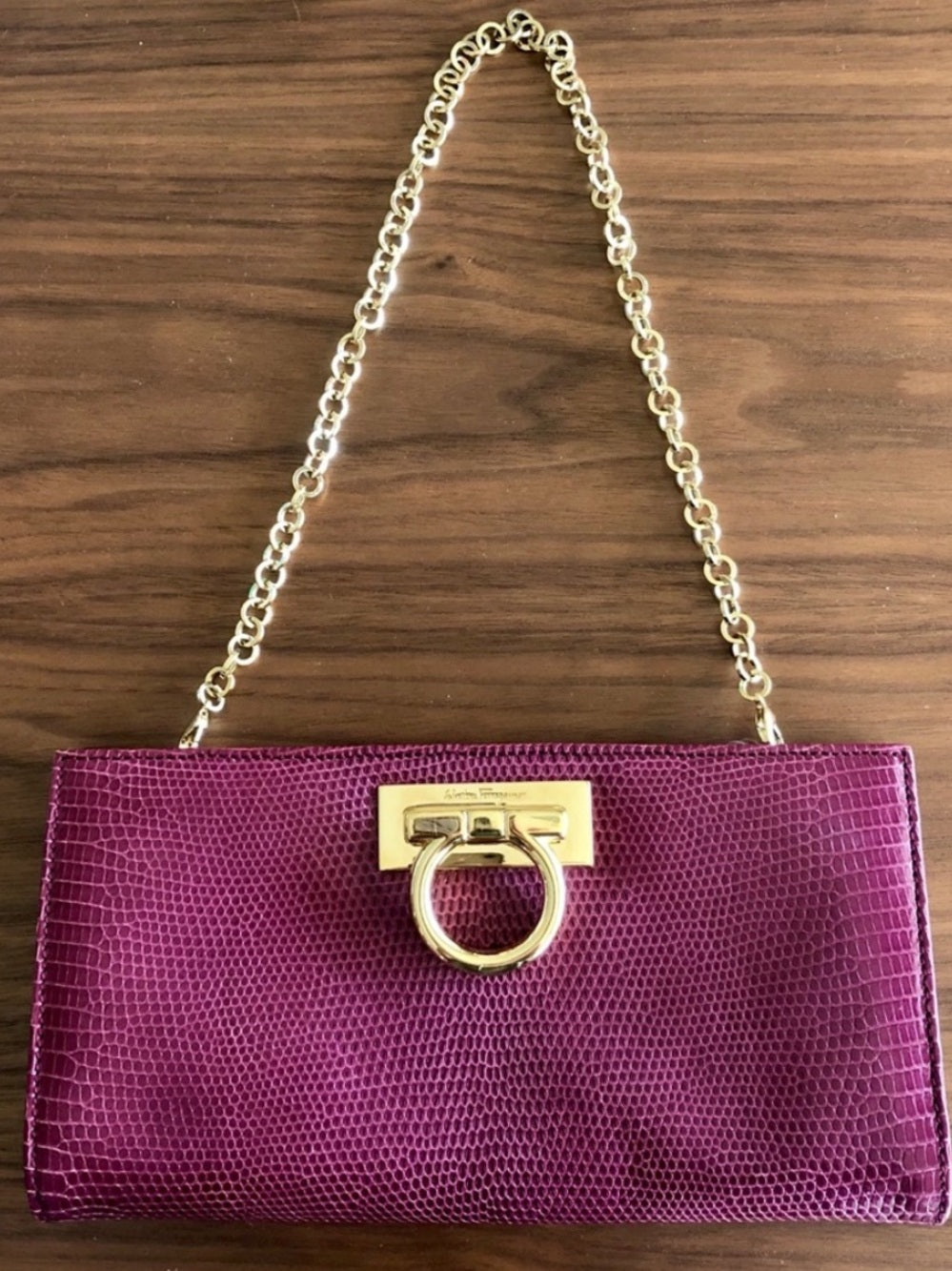 Salvatore Ferragamo Magenta Lizard Clutch, Gancini Hardware Exotic Evening Bag — top handle and shoulder strap attachment