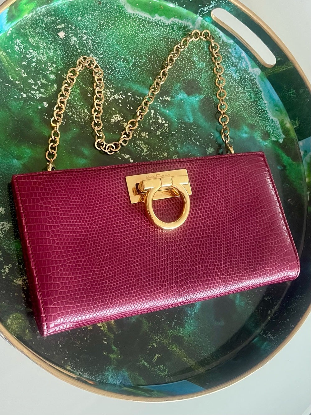 Salvatore Ferragamo Magenta Lizard Clutch, Gancini Hardware Exotic Evening Bag — handbag interior lining and storage