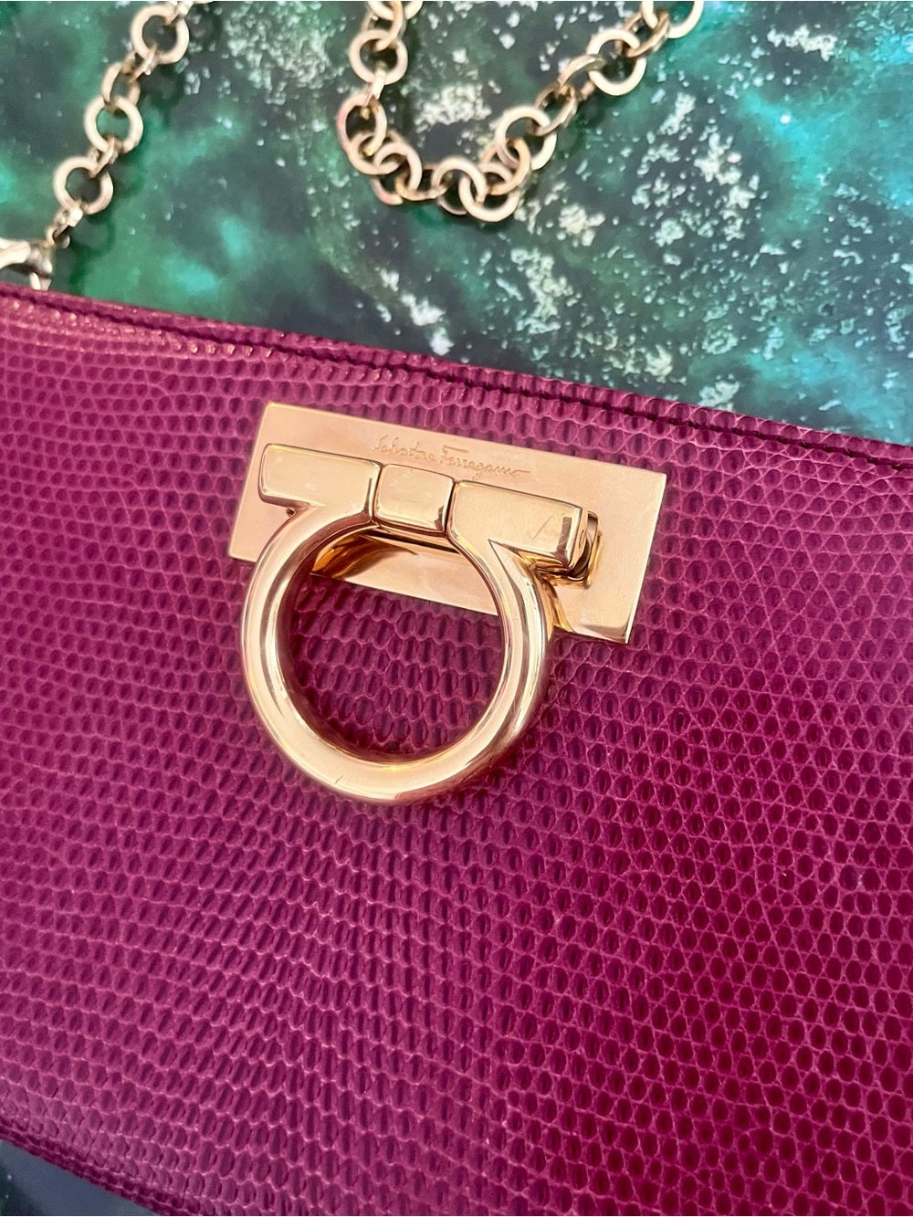 Salvatore Ferragamo Magenta Lizard Clutch, Gancini Hardware Exotic Evening Bag — luxury handbag proportions and shape