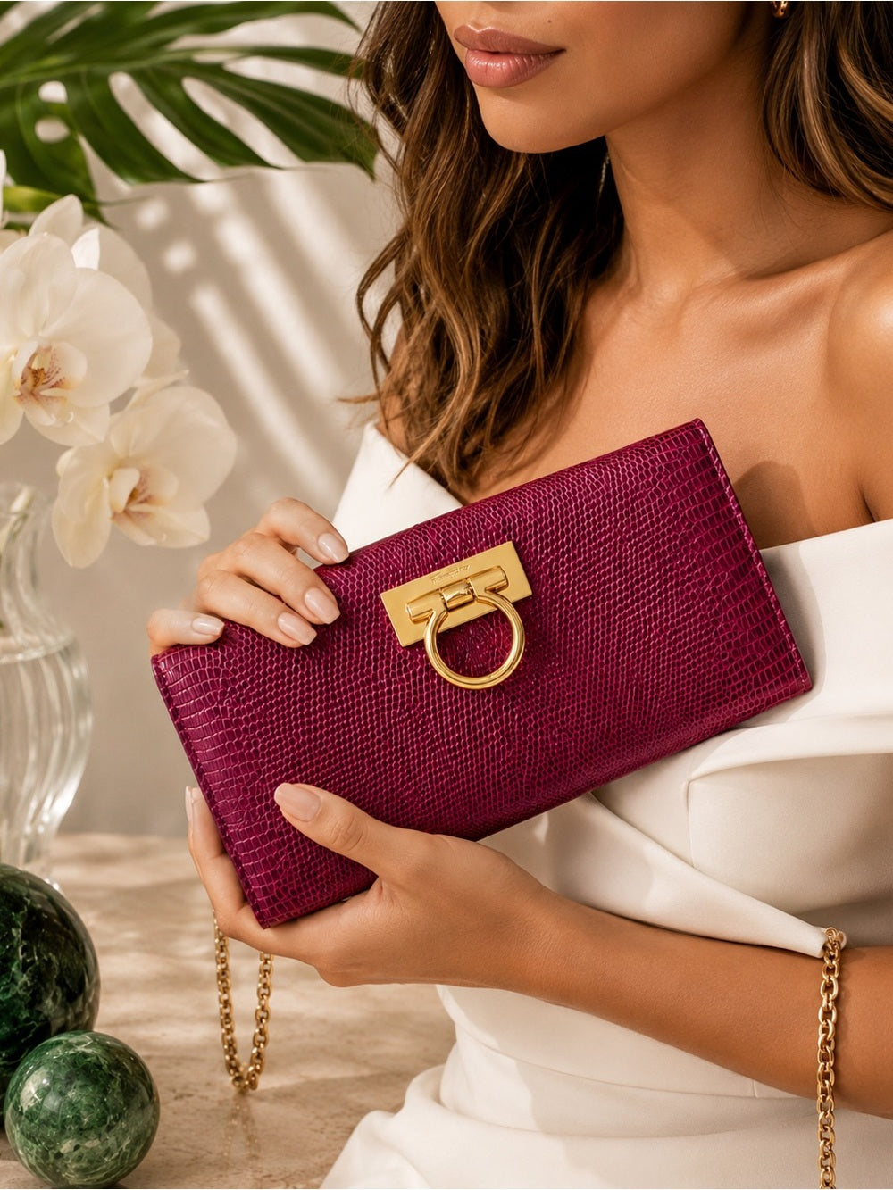 Salvatore Ferragamo Magenta Lizard Clutch, Gancini Hardware Exotic Evening Bag — luxury leather bag back panel construction