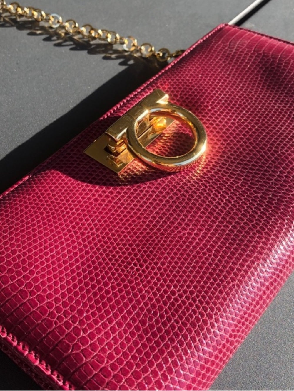 Salvatore Ferragamo Magenta Lizard Clutch, Gancini Hardware Exotic Evening Bag — bag closure fastening and edge finish