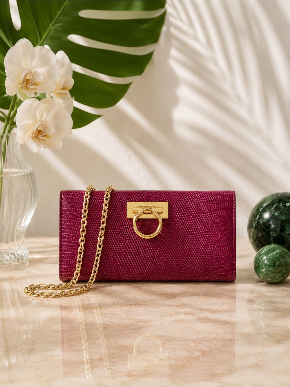Salvatore Ferragamo Magenta Lizard Clutch, Gancini Hardware Exotic Evening Bag — designer exotic leather handbag silhouette