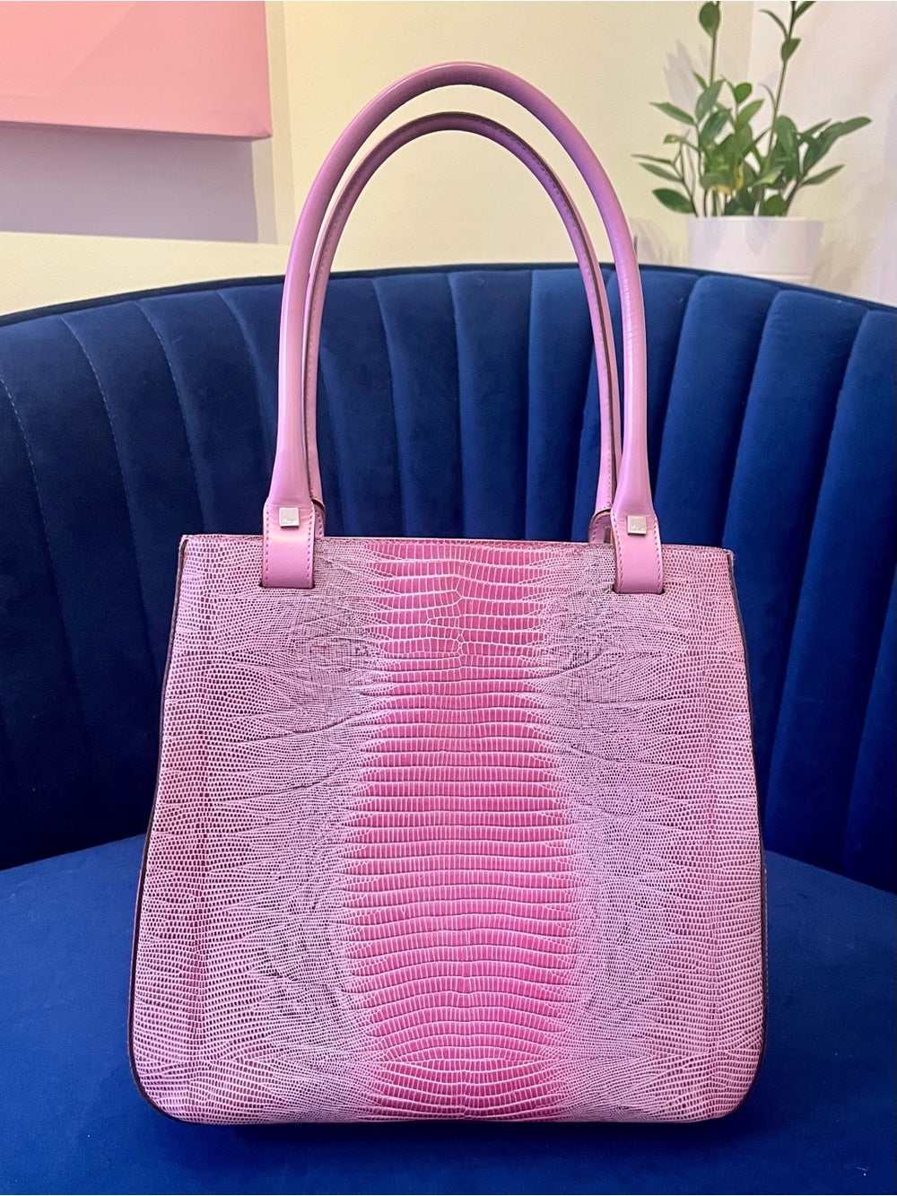 Salvatore Ferragamo Pink Tejus Lizard & Leather Vintage Structured Tote Bag — luxury handbag proportions and shape