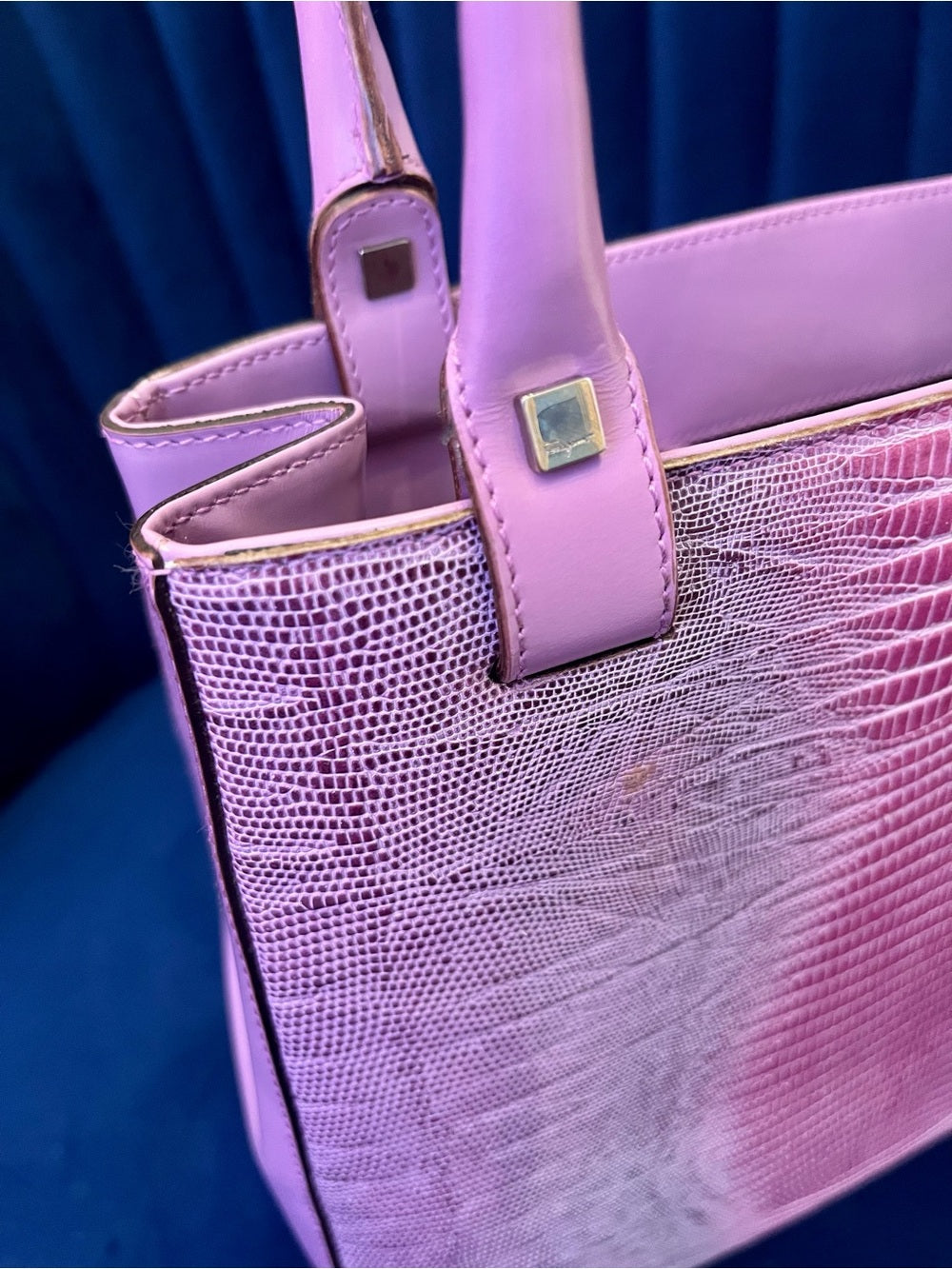 Salvatore Ferragamo Pink Tejus Lizard & Leather Vintage Structured Tote Bag — interior pocket and designer label