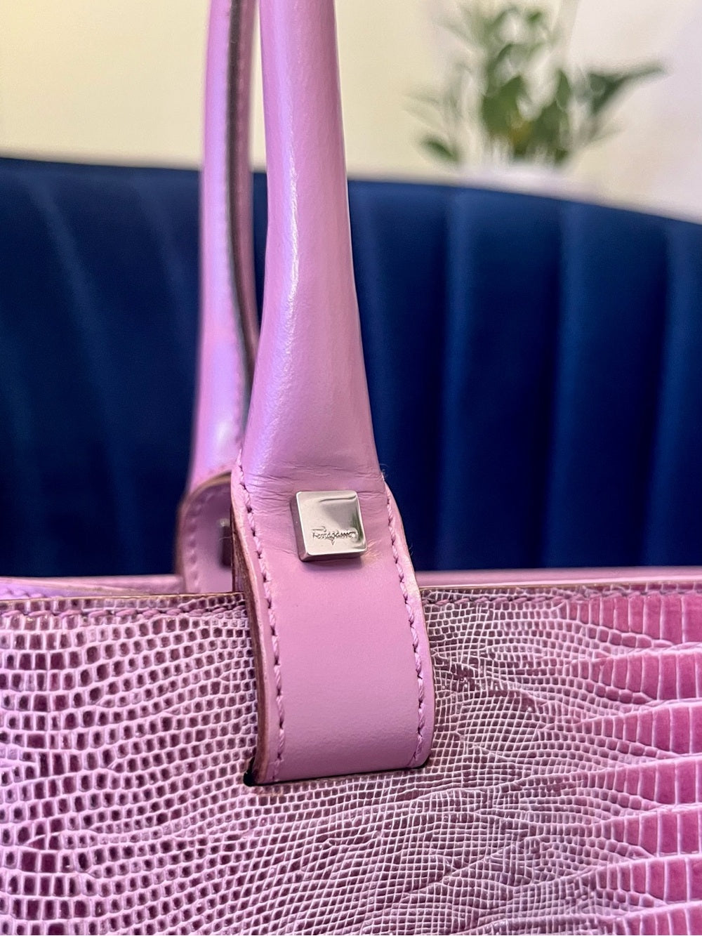 Salvatore Ferragamo Pink Tejus Lizard & Leather Vintage Structured Tote Bag — top handle and shoulder strap attachment