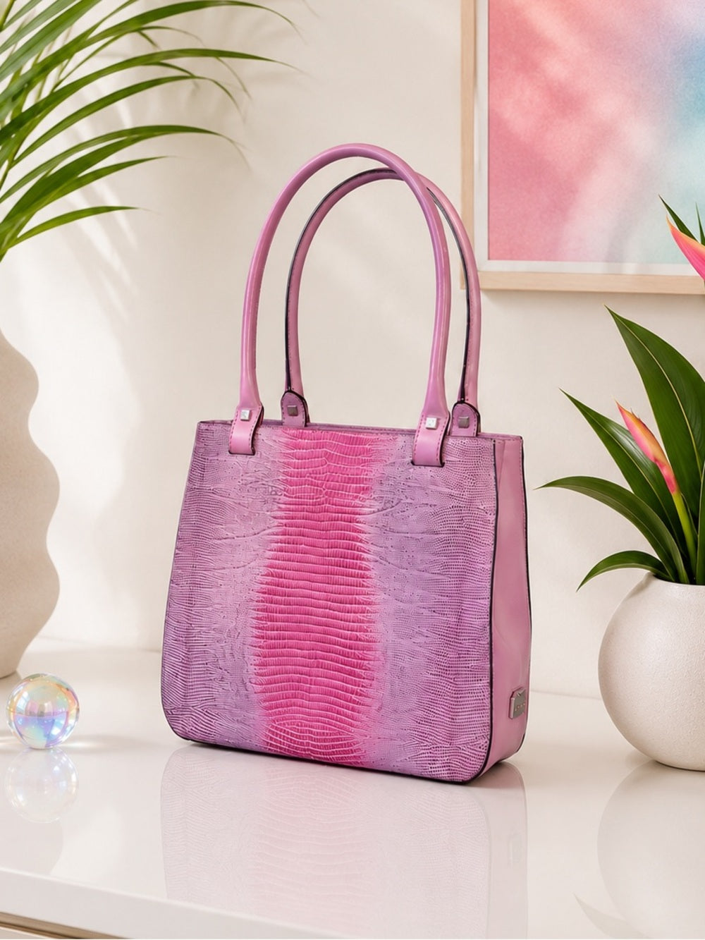 Salvatore Ferragamo Pink Tejus Lizard & Leather Vintage Structured Tote Bag — designer exotic leather handbag silhouette