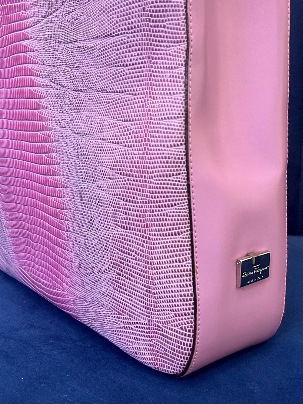 Salvatore Ferragamo Pink Tejus Lizard & Leather Vintage Structured Tote Bag — exotic skin pattern and color variation