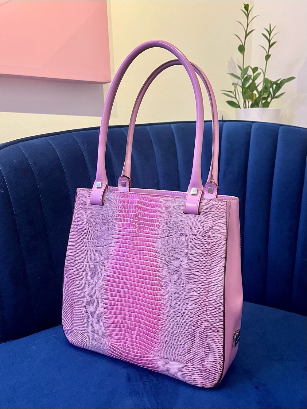 Salvatore Ferragamo Pink Tejus Lizard & Leather Vintage Structured Tote Bag — natural leather grain and texture closeup