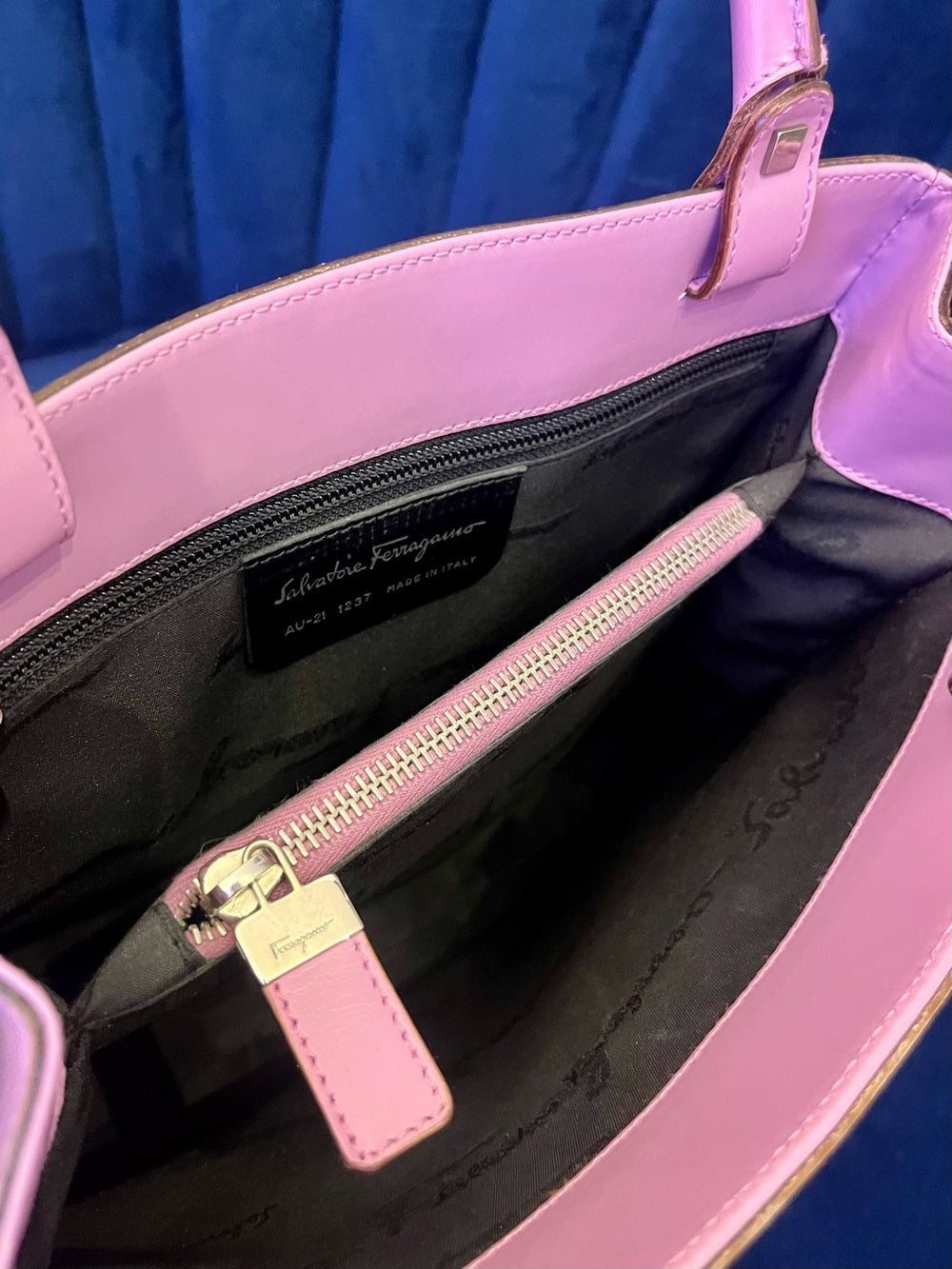 Salvatore Ferragamo Pink Tejus Lizard & Leather Vintage Structured Tote Bag — designer logo branding and craftsmanship
