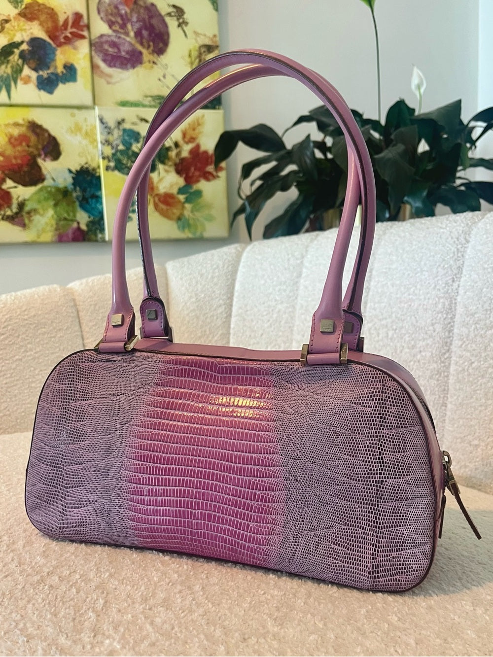 Salvatore Ferragamo Tejus Lizard Purple Shoulder Bag - Vintage (80’s/90’s) — structured purse profile and gusset