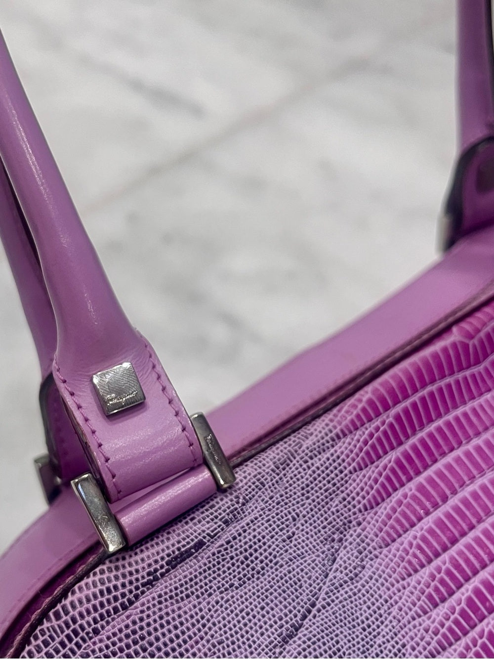 Salvatore Ferragamo Tejus Lizard Purple Shoulder Bag - Vintage (80’s/90’s) — designer exotic leather handbag silhouette (additional view 2)