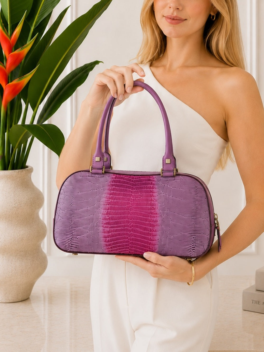 Salvatore Ferragamo Tejus Lizard Purple Shoulder Bag - Vintage (80’s/90’s) — luxury leather bag back panel construction