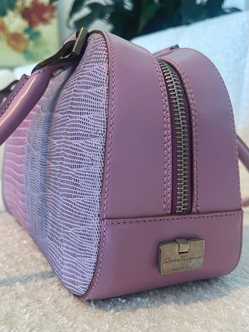Salvatore Ferragamo Tejus Lizard Purple Shoulder Bag - Vintage (80’s/90’s) — bag closure fastening and edge finish